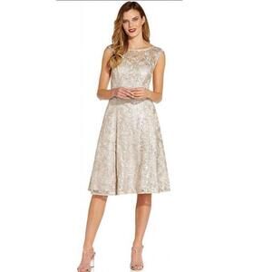 Adrianne Papell Taupe Embroidered Lace w/ Sequins Aline Fit/Flare Cocktail Dress